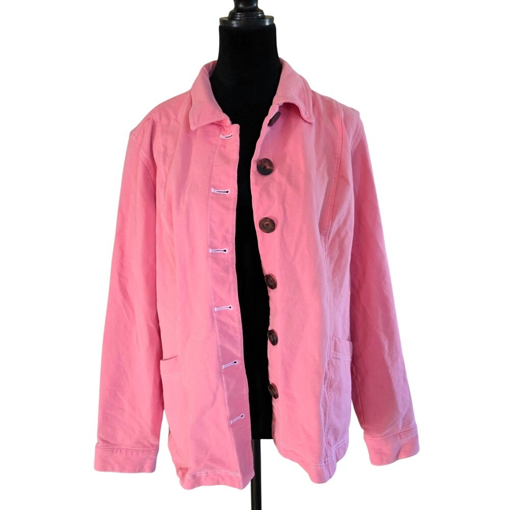 Denim & Co Pink Button Front Jacket Contrast Stitching Twill Women Large Stretch